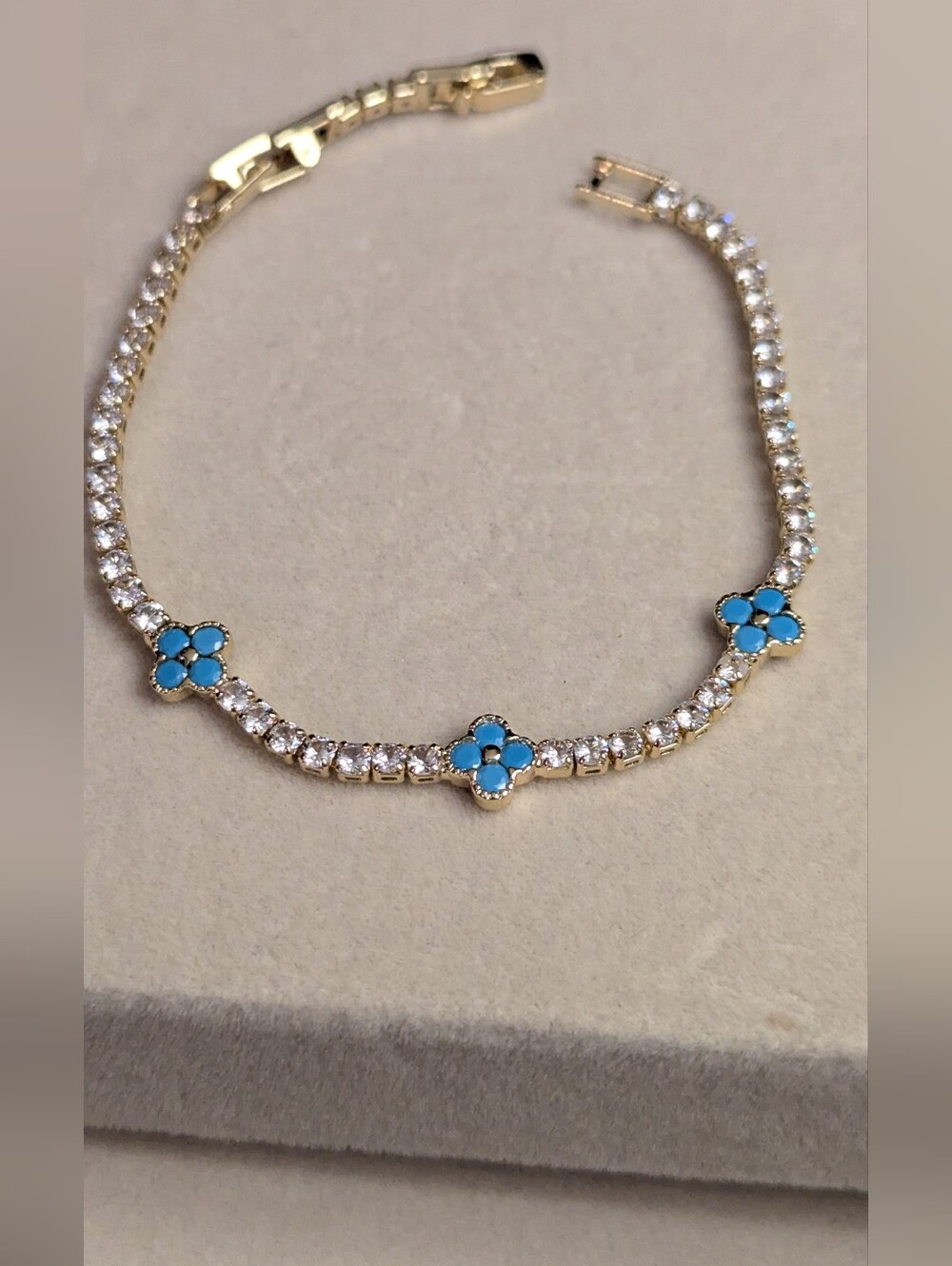 Gold Plated Bracelet w/ Blue Clover Accents 6.5" With 1" Extender W080626-8